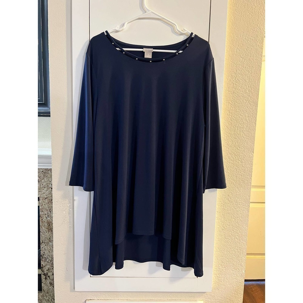 Chico’s Women’s 3/4 Sleeve Blue Tunic Top Size Large Classic Minimalist